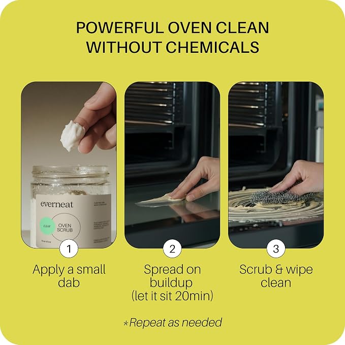 Everneat Oven Scrub (16oz): Natural Oven Cleaner and Kitchen Cleaner | Heavy Duty | for Rack, Grill & Stovetop | Non-toxic | Fume-free & Safe to Clean All Ovens (Unscented) | Refillable Glass Jar