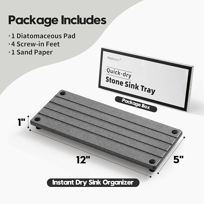 Razborci Instant Dry Sink Caddy Kitchen Sink Organizer, Quick Drying Stone Tray Diatomite Sponge Holder Soap Dish, Bathroom Countertop Fast Dry Water Absorbing Vanity Rack, Dark Gray,12" x 5"
