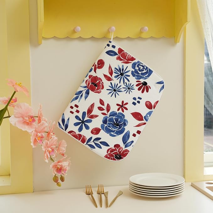 4th of July Dish Drying Mats 18x24 Inch Watercolor Floral Blue Red Flower Patriotic Drying Mats Summer Outdoor Independence Memorial Day Absorbent Drying Dish Mats for Kitchen Dining Room Decor