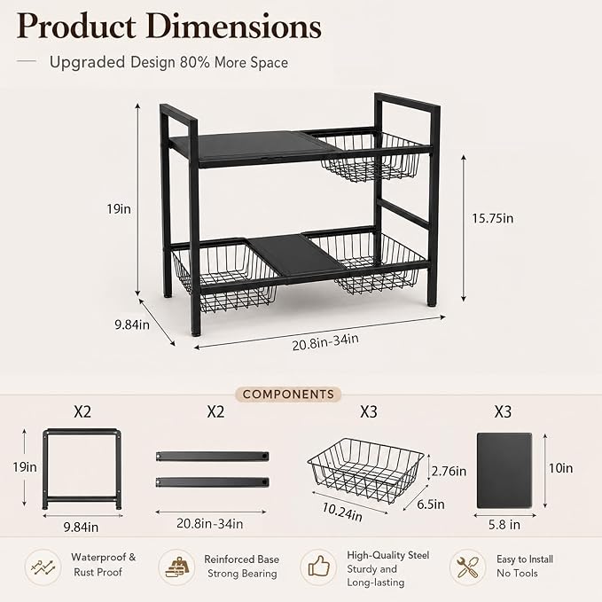 Expandable Under Sink Organizer, 2 Tier Under Sink Shelf, Height Adjustment, Under Sink Shelves with 3 Removable Baskets and 3 Removable Panels for Bathroom Kitchen Pantry Cabit black 21.65in
