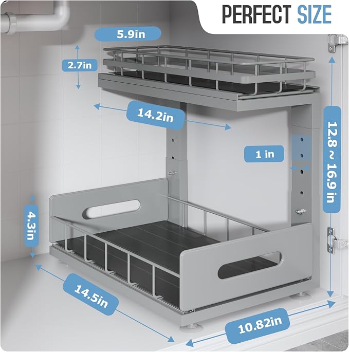 Under Sink Organizer Upgrade To Professional Rails,2-Tier Dual Pull Out Cabinet Storage,Height Adjustable Slide Out Drawers For Bathroom Kitchen,2 Pack-14.5"Dx12.8"-16.9"H,Gun Gray