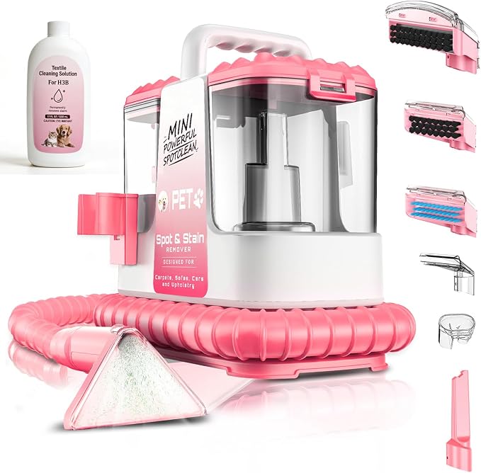 Portable Carpet & Upholstery Cleaner Machine for Pets, Powerful Suction Spot Cleaner for Couch, Sofa, Rugs, Stairs & Car Interior, Lightweight Deep Stain Remover with Cleaning Solution, Pink