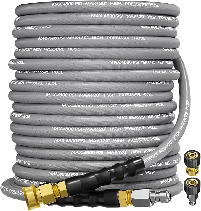 3/8" 4800PSI Pressure Washer Hose 75FT Swivel Quick Connect | Power Washer Hose for Cold/Hot Water Max 248°F, Kink Resistant Steel Wire Braided, Wear Resistant with M22 14mm Adapter