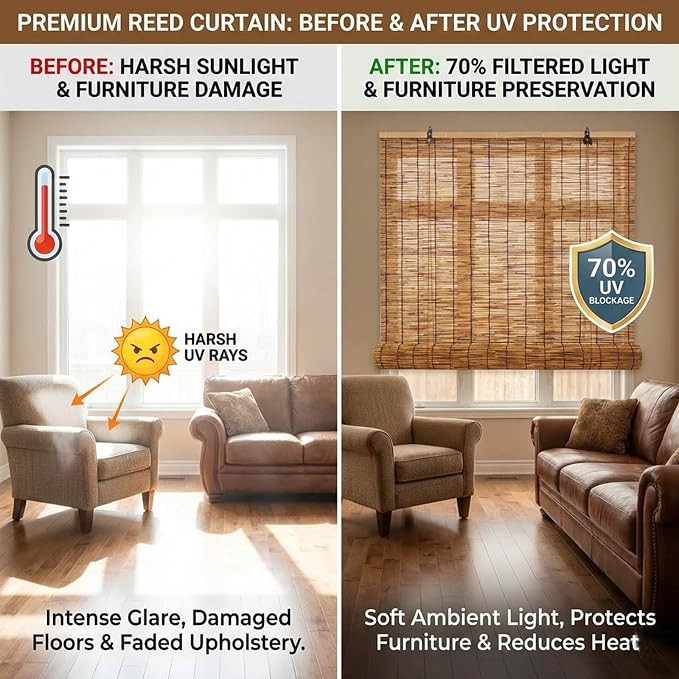 Cordless Bamboo Outdoor Blinds for Patio - Waterproof Reed Roller Shades for Porch Deck, Light Filtering Sun Shade Privacy Screen for Gazebo Pergola Windows, Retro Roman Shade(54" W x 68" H)