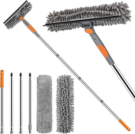 SetSail Window Squeegee with 66in Extension Pole 2-in-1 Window Cleaning Kit | Professional Window Cleaner Tool for Outdoor Indoor Car Windows Glass, Rotatable Head and 2 Scrubbers, Grey Orange