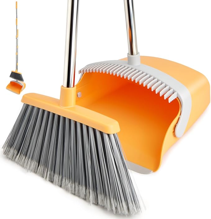 Broom and Dustpan Combo Set,Long Handle, Gray Yellow | Heavy Dust, Dustpans with Broom Combo for Home, Kitchen, Office, Classroom,Apartment, Pet Hair