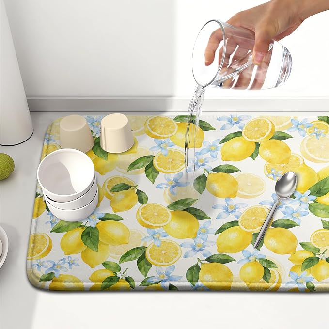 Kawani Lemon Dish Drying Mat 16x18 Inch Absorbent Reversible Summer Drying Mat Floral Lemon Fruits Dish Drying Rack Mat Yellow Summer Themed Dish Drainer Mat for Kitchen Counter Coffee Bar
