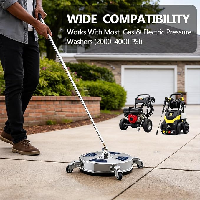 14 Inch Pressure Washer Surface Cleaner – Stainless Steel, 2000–4000 PSI Power Washer Attachment with Wheels, Extension Wands & Quick Connect – Driveway, Patio, Sidewalk, Deck Cleaning Tool