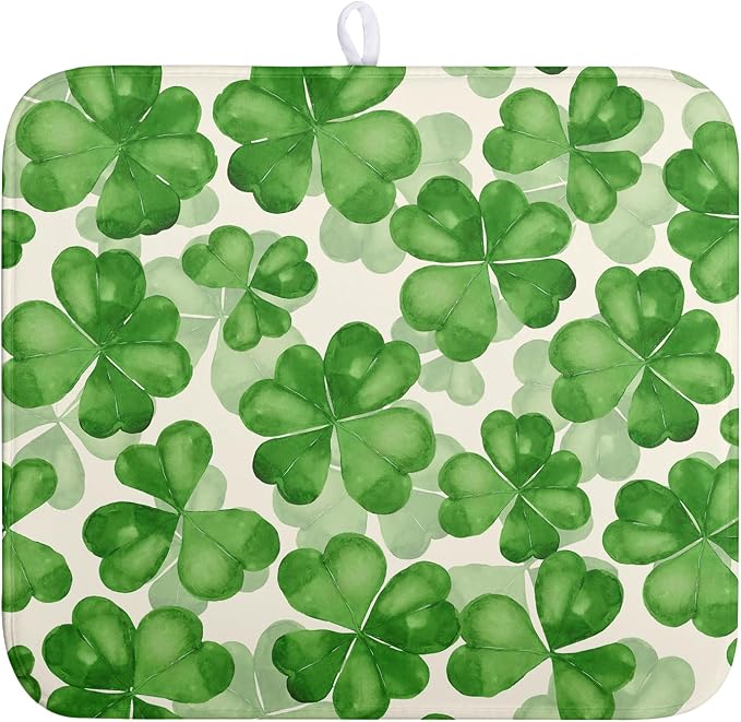 Green Clover Shamrock Dish Drying Mats for Kitchen Counter 16x18 In Happy St. Patrick's Day Lucky Clovers Dish Drainer Mats Spring Sage Leaf Microfiber Drying Pad Dish Dryer Mat for Coffee Bar