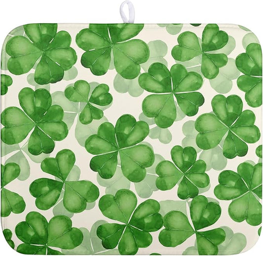 Green Clover Shamrock Dish Drying Mats for Kitchen Counter 16x18 In Happy St. Patrick's Day Lucky Clovers Dish Drainer Mats Spring Sage Leaf Microfiber Drying Pad Dish Dryer Mat for Coffee Bar