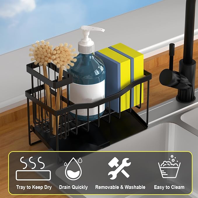 Fssvcd Maifan Sink Caddy Sponge Holder for Kitchen with Brush Holder and Stainless Steel Self Drain Tray, Rustproof Kitchen Sink Organizer for Sponge, Soap Dispenser Storage Accessories