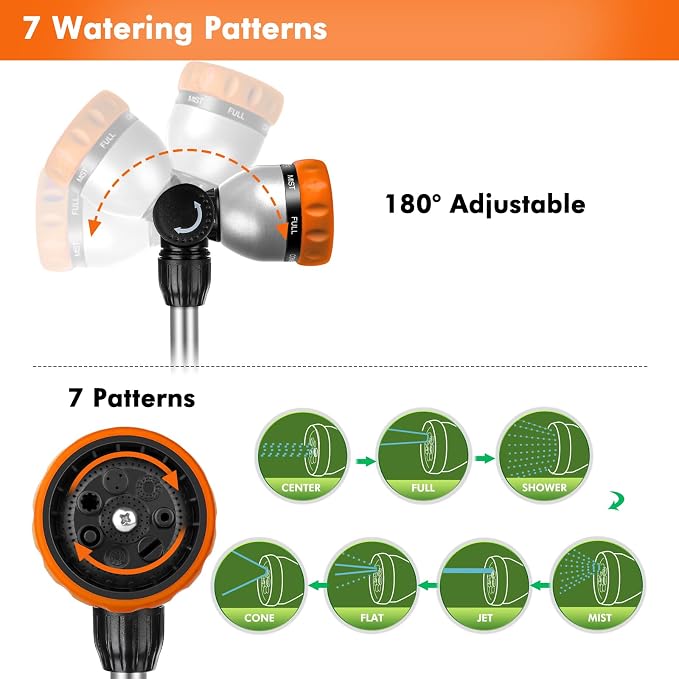 RESTMO Heavy Duty Metal Hose Wand, Watering Wand for Garden Hose | 180° Swivel Ratcheting Head, 16'' Hose Sprayer, 7 Spray Patterns, Flow Control, Ideal for Hanging Baskets & Shrubs, Orange