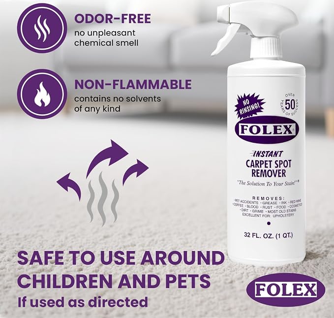 FOLEX Instant Carpet Spot Remover 32 oz – Powerful Stain Remover for Carpets, Upholstery & Rugs – Eliminates Pet Stains, Grease, Red Wine, Food, Makeup & More – With Reusable Cleaning Cloth - 1 Pack