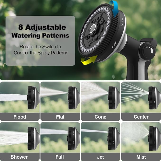 Garden Hose Nozzle | Heavy-Duty Metal Hose Sprayer Nozzle - 9cm/3.5" Ultra-Wide Spray, 8 Adjustable Nozzle Modes, Water Hose Nozzles for Watering, Cleaning, Pets & Car Washing (New Upgraded)