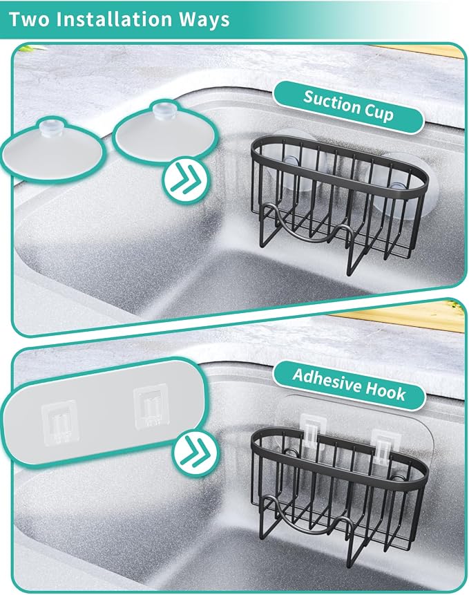 HapiRm Multifunctional Sponge Holder with Unique M-Shaped, 2 Installation Methods Kitchen Sink Caddy Organizer, Rustproof Stainless Steel Kitchen Organizers and Storage Essentials - Black