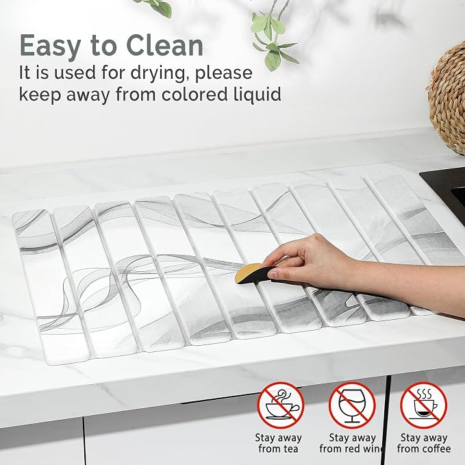 Large Stone Dish Drying Mat for Kitchen Counter, 2 PCS Quick Dry Stone Mats, Foldable Water Absorbing Diatomaceous Earth Drying Dishes Pad for Countertop Bottle Utensil Cup(Black White 24"×16"&8"x4")