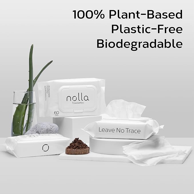 Nolla Flushable Wipes, 100% Plant-Based, Plastic-Free and Biodegradable - For Adults and Kids - Unscented + Soothing Aloe and Vitamin E 360 Count (6 Packs of 60)