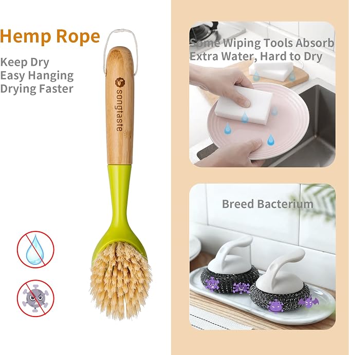 2 Pack Kitchen Dish Brush Bamboo Handle Dish Scrubber Built-in Scraper, Scrub Brush for Pans, Pots, Kitchen Sink Cleaning, Dishwashing and Cleaning Brushes are Perfect Cleaning Tools, Color-Green