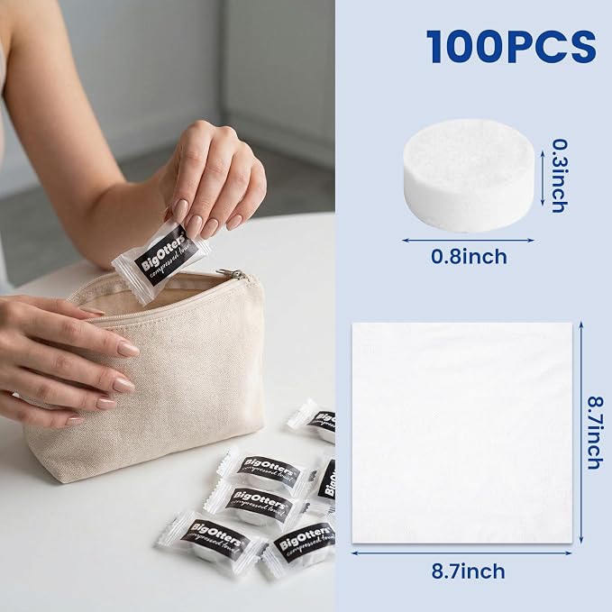 BigOtters 100PCS Compressed Towels, Disposable Face Towels for Travel Cleaning Supplies, Expandable Wipes Tablets Survival Gear and Supplies for Outdoors Camping Hiking Hotel