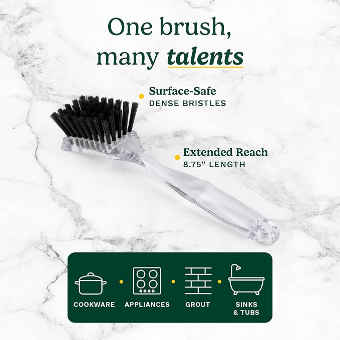 Cuisinart Dish Brush with Handle, 2 Pack, Firm Bristles | Multi-purpose dish scrubber for plates, pots, and pans, deep cleaning removes grease, safe for nonstick, built-in scraper