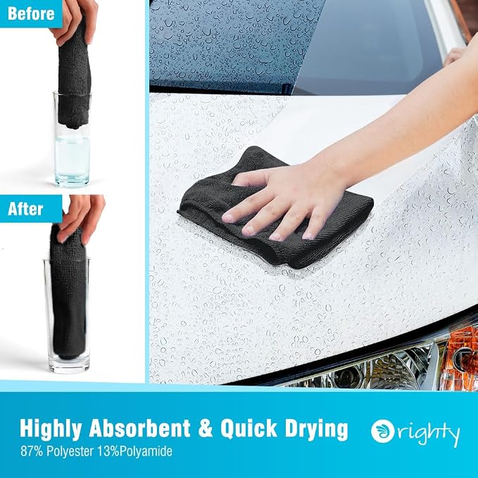 Orighty Microfiber Cleaning Cloth, Cleaning Rags, 12 Pack, 12x11 in, Black | Microfiber Towels for Cars, Soft Highly Absorbent Rag, Lint Free Cloths for Car Care, House, Kitchen