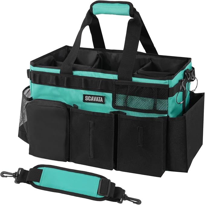 SCAVATA Wearable Cleaning Caddy Bag, Cleaning Caddy Supplies Organizer with Handle & Shoulder Straps for Housekeepers, Under Sink & Car Cleaning Tool Organizers with 4 Foldable Divider (Lake Blue)