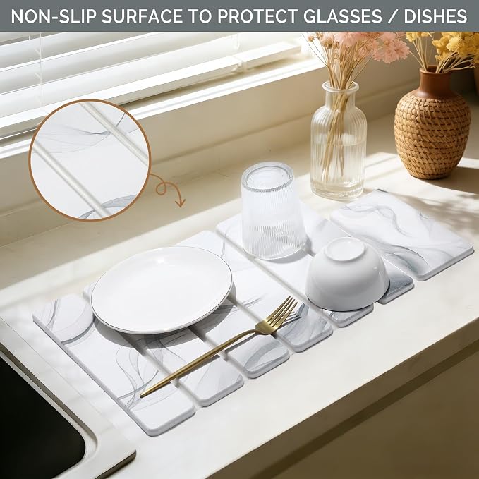 Small Stone Dish Drying Mat for Kitchen Counter, 2 PCS 16"×12" & 8"x4" Quick Dry Stone Mats, Foldable Water Absorbing Diatomaceous Earth Drying Dish Pad for Countertop Bottle Utensil Cup(White Gray)