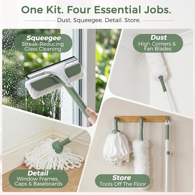 DEANIC High Reach Cleaning Kit with Extendable Handle, 4-in-1 Microfiber Duster, Window Squeegee and Strip Mop Set for Ceiling Fans, Blinds, Windows and Home Cleaning