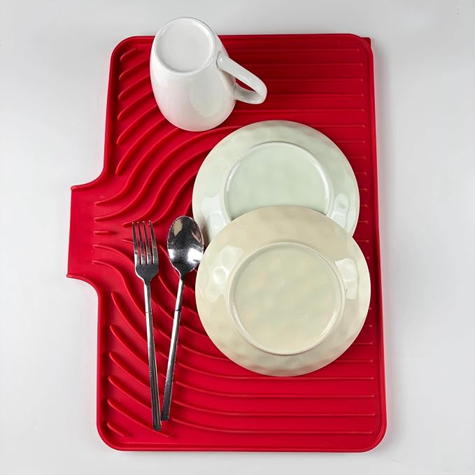 Dish Drying Mat for Kitchen Counter, with Built-in Drain Lip, Food-Grade Silicone, Easy Clean Pad for Countertop Protection, Multi-Functional Use (18x11.8, Red)