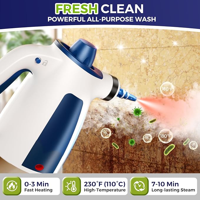 Handheld Steam Cleaner, 230°F Pressurized Steamer with No Water Spitting & Continuous Steam, 350ML Chemical-Free Deep Cleaning for Grease & Grime, 14 Accessories for Grout, Bathroom, Kitchen & Car