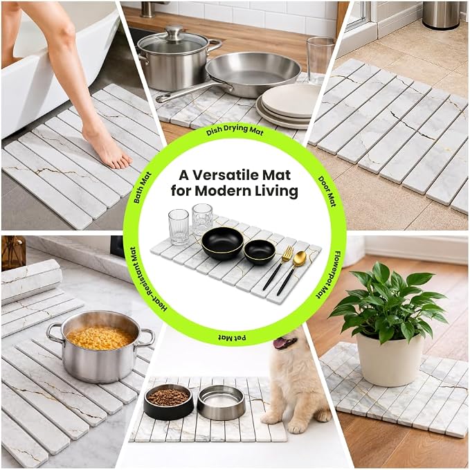Large Stone Dish Drying Mat for Kitchen Counter, Foldable & Super Absorbent Diatomaceous Earth Drying Pad for Dishes, Cups, Bottles with Anti-Slip Mesh & Quick Dry (White Marble 24"L x 16"W)