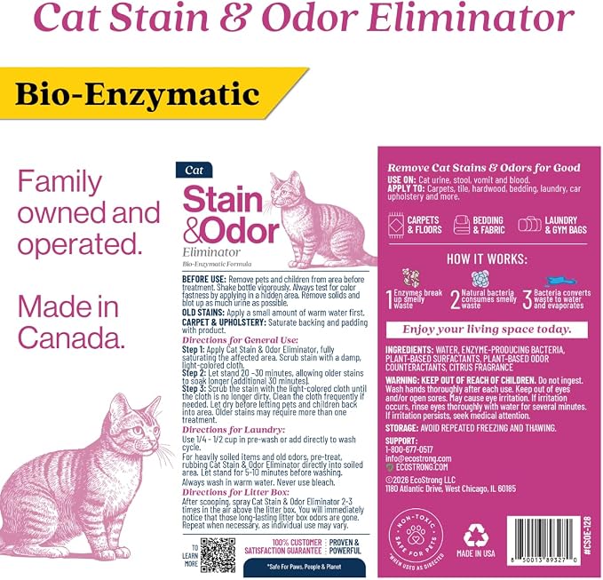 Eco Strong Cat Stain And Odor Remover| Enzyme Urine Odor Neutralizer - Stain Remover for Carpet, Litter Boxes, Bedding, and Laundry [Citrus Scent Gallon Value Size]