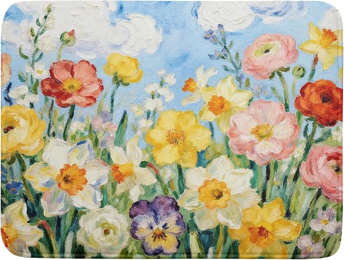 Spring Floral Dish Drying Mat for Kitchen Counter 18x24 Yellow Pink Narcissus Flower Seasonal Themed Summer Absorbent Reversible Microfiber Drying Mats Kitchen Countertop Protector Dishes Drainer Pad