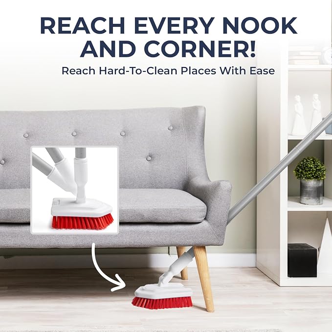 Shower Scrubber with Long Handle, Stiff Bristles Grout-Brush, Tub Scrub-Brush with Long-Handle, Shower-Cleaner Brush, Grout Cleaning Brush for Tile floors, Scouring Pad & Microfiber Cloth for Bathroom
