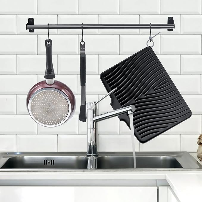 TIKNIK Silicone Dish Drying Mat for Kitchen Counter - Heat Resistant & Non-Slip Dish Drain Pad with Built-In Drain, Dishwasher Safe, Quick-Dry, Hangable & Roll-Up for Storage, Black-2pcs, 16" x 12"