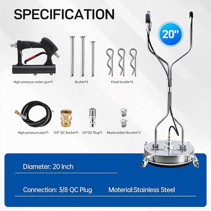 TOR 20" Pressure Washer Surface Cleaner with 4 Wheels, Surface Cleaner for Pressure Washer, Stainless Steel Dual Handle Power Washer Surface Cleaner for Concrete, Driveway, Patio, Sidewalk