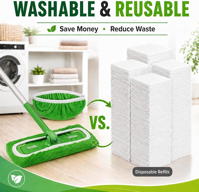 4 Pack Reusable Microfiber Mop Pads Compatible with Swiffer Sweeper, Washable Wet & Dry Mopping Pad Refills for Hardwood, Pet Hair, Laminate, Marble, Multi-Surface Floor Cleaning