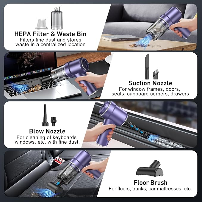 KMM Handheld Car Vacuum Cleaner, Hand Held Vacuum Cleaner & Air Duster | 9000PA Strong Suction, 120W High Power, Portable, Cordless, Rechargeable, Multi-Nozzles & LED Light, For Home, Car, Office