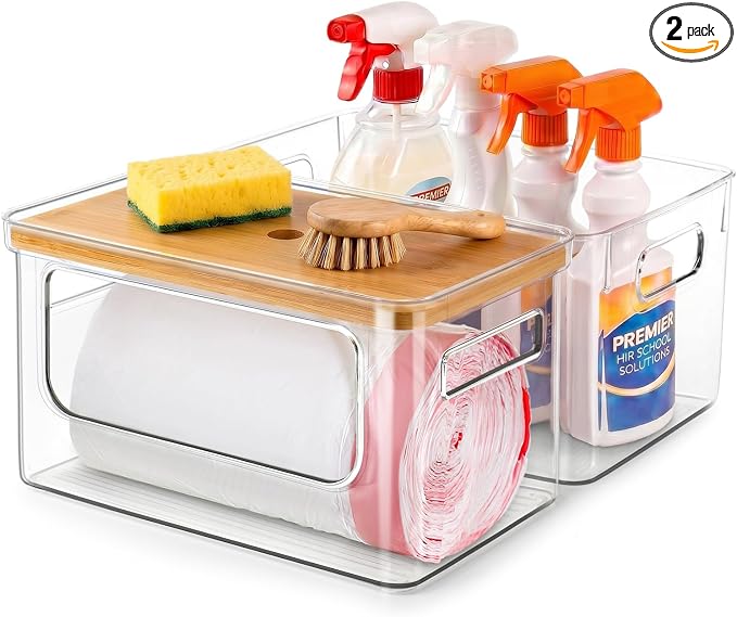 Hudgan 2 in 1 Acrylic Trash Bag Dispenser Under Sink, Garbage Bags Holder with Stackable Bamboo Top for Kitchen, Pantry, Laundry Room