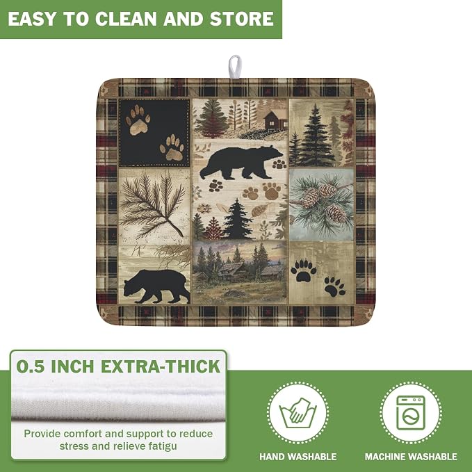 Giwawa Black Bear Dish Drying Mat Forest Cabin Decorative Dishes Pad 16x18 Inch Absorbent Fast Dry Dish Drainer Rack Mats for Kitchen Counter Sink