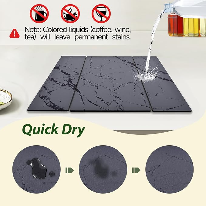Large Stone Drying Mat for Kitchen Counter, 24"x16" Collapsible Quick Dry Dish Drying Mat, Water-Absorbent Marble Diatomaceous Earth Mats for Bottles Cups Dishes, Match Any Countertop