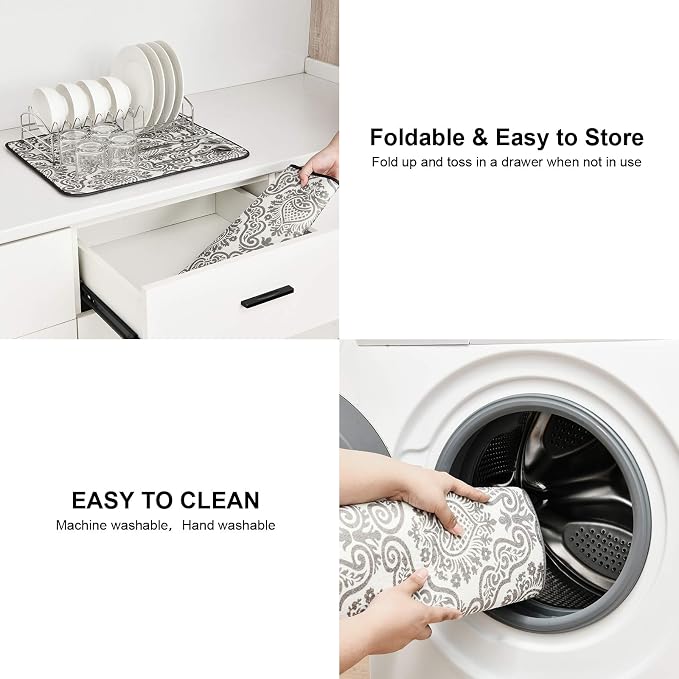 Subekyu Dish Drying Mats for Kitchen, Ultra Absorbent Microfiber Drying Mat, Dishes Drainer Pads 2 Pack, 19 by 15 Inch (Floral Vine)