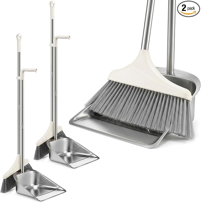 2 Pack Stainless Steel Broom and Dustpan Set Heavy Duty, Long Handle Dustpan with Upright Stand, Angled Bristles for Indoor and Outdoor Home Kitchen Floor Cleaning