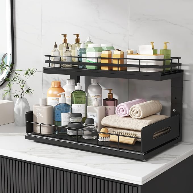 Under Sink Organizer Upgrade To Professional Rails,2-Tier Dual Pull Out Cabinet Storage,Height Adjustable Slide Out Drawers For Bathroom Kitchen,2 Pack-18.5"Dx12.8"-16.9"H,Black