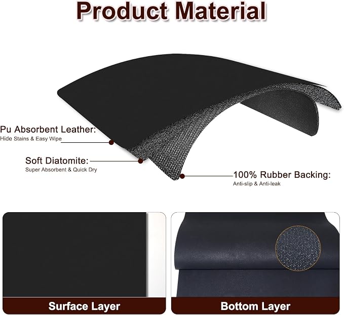 Coffee Mat, 16.5’’ X 31.5’’ Absorbent Dish Drying Mat for Kitchen Counter, Coffee Bar Mats for Espresso Machine Station, Hides Stains, Rubber Backed Dish Drying Pad, Black