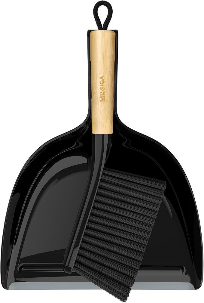 MR.SIGA Dustpan and Brush Set, Bamboo Handle, Black, 1 Set | Handheld brush and dustpan combo with hanging loop, small broom and dustpan set