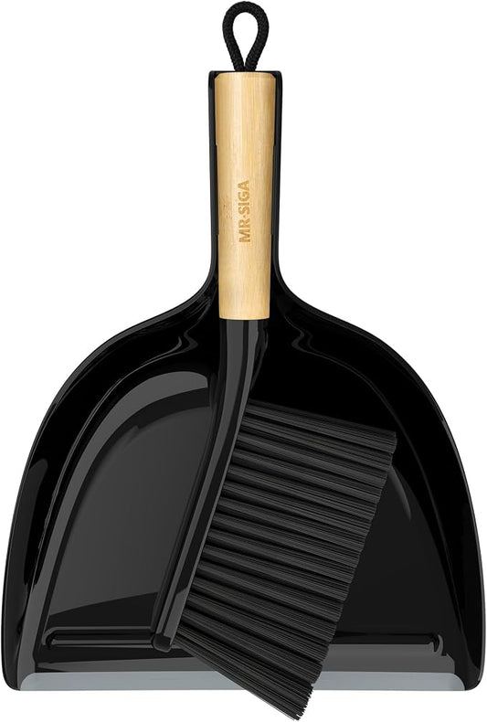 MR.SIGA Dustpan and Brush Set, Bamboo Handle, Black, 1 Set | Handheld brush and dustpan combo with hanging loop, small broom and dustpan set