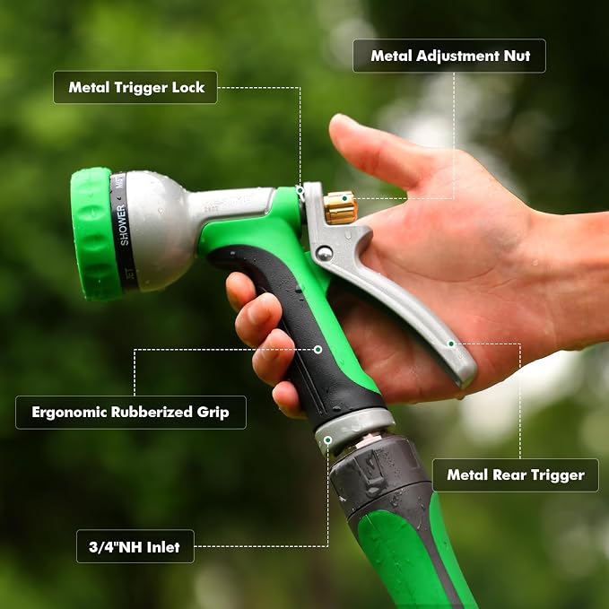 RESTMO Garden Hose Nozzle Heavy Duty, Rear Trigger Water Sprayer, Green | 7 Adjustable Spray Patterns, Durable Metal, Flow Control, Ideal for Plants & Lawns Watering, Cars & Pets Washing