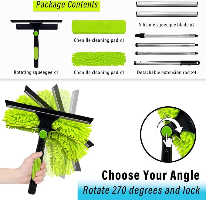 Window Squeegee Cleaner Tool, 67" 2-in-1 Rotatable Window Cleaning Kit with Stainless Steel Splicing Pole Streak Free Squeegee & Scrubber for Indoor Outdoor High Window Car Glass (Green)
