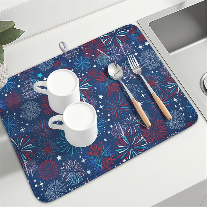 4th of July Patriotic Dish Drying Mat for Kitchen Counter 18 x 24 Inch Independence Day Dish Drainer Mat Absorbent Microfiber Firework Dish Rack Pad for Coffee Dining Bar Decor